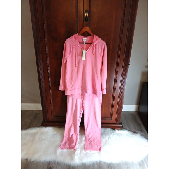 NWT Chico's Women's Size M (8) Pink Sweatsuit Hooded Top Elastic Waist Pants - Picture 1 of 16